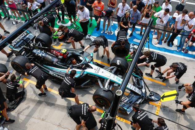 Mercedes-AMG Petronas F1 Team during pit stop practice, F1 Grand Prix of Hungary at Hungaroring on July 19, 2024 in Budapest, Hungary. (Photo by HOCH ZWEI) Budapest Hungary