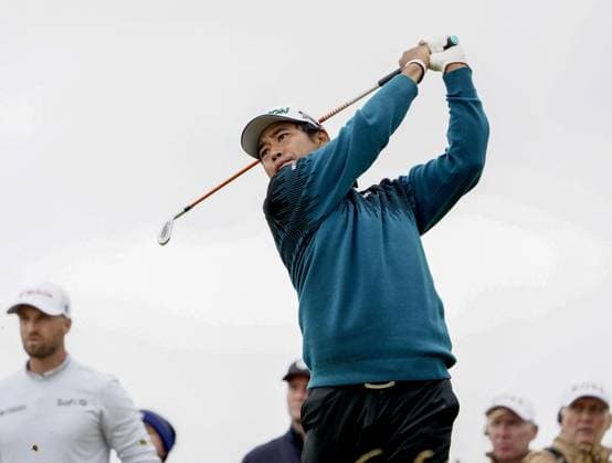 Golf: British Open Japan s Hideki Matsuyama hits off the seventh tee during the second round of the British Open golf tournament at Royal Troon in Troon, Scotland, on July 19, 2024.  A14AA0003155278P