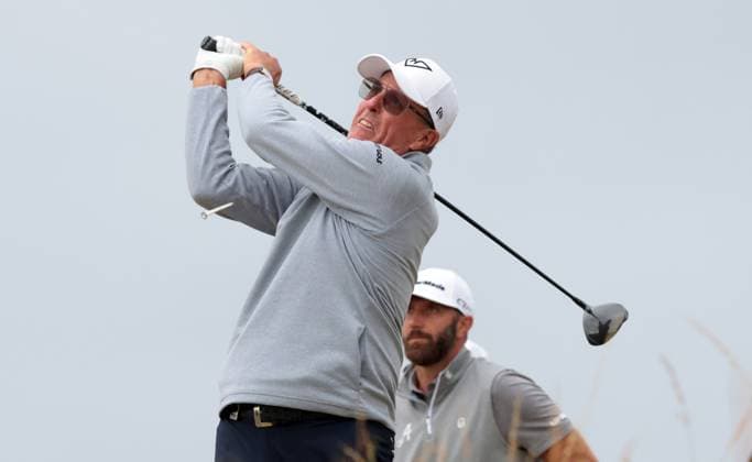 American Phil Mickelson tees off during the second round at the 152nd Open Championship at Royal Troon Golf Club in Troon, Scotland on Friday, July 19, 2024. Tiger Woods missed the cut and finished with a score of fourteen over par.  LON2024071921 HUGOxPHILPOTT