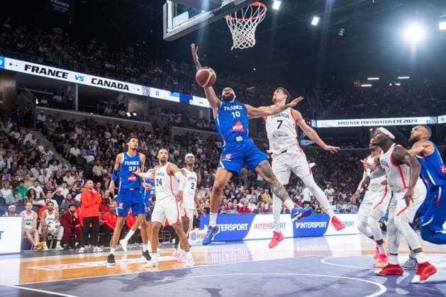 Basketball, Testspiel, Frankreich - Kanada Evan Fournier (France) BASKET : France x Canada - Match de preparation JO - 19 07 2024 BaptisteAutissier Panoramic 