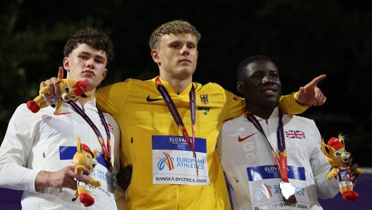 Sport Themen der Woche KW 29 19.07.2024 Banska Bystrica(Slovakia) European U18 Under-18 athletics championship 100m men Jakob Kemminer(C) Germany gold medal between Joel Masters (L) silver, Joel Ajayi(R) Great Britain bronze medal :