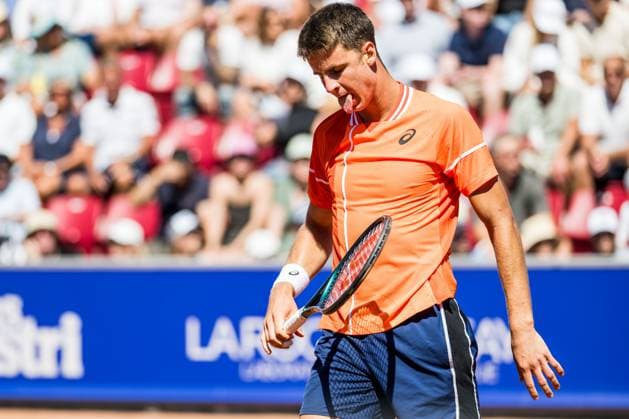 240720 Duje Ajdukovic of Croatia looks dejected during day 6 of the Nordea Open on July 20, 2024 in Bastad. Photo: Niclas Jönsson BILDBYRAN COP 273 NO0290 tennis ATP, Tennis Herren 250 nordea open bbeng depp Copyright: NICLASxJÖNSSON BB240720NO023