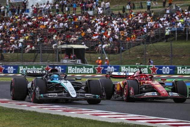 63 RUSSELL George (gbr), Mercedes AMG F1 Team W15, 16 LECLERC Charles (mco), Scuderia Ferrari SF-24, action during the Formula 1 Hungarian Grand Prix 2024, 13th round of the 2024 Formula One World Championship, WM, Weltmeisterschaft from July 19 to 21, 2024 on the Hungaroring, in Mogyorod, Hungary - F1 - HUNGARIAN GRAND PRIX 2024 DPPI Panoramic  240720_R13_UNGHERIA_DP_1H0A5577