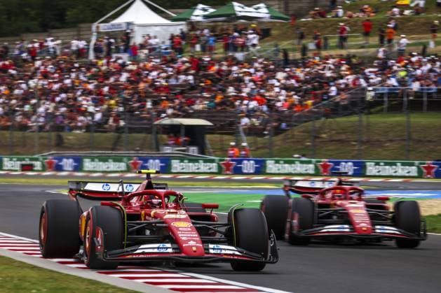 55 SAINZ Carlos (spa), Scuderia Ferrari SF-24, 16 LECLERC Charles (mco), Scuderia Ferrari SF-24, action during the Formula 1 Hungarian Grand Prix 2024, 13th round of the 2024 Formula One World Championship, WM, Weltmeisterschaft from July 19 to 21, 2024 on the Hungaroring, in Mogyorod, Hungary - F1 - HUNGARIAN GRAND PRIX 2024 DPPI Panoramic  240720_R13_UNGHERIA_DP_1H0A5887