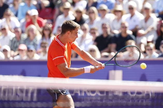 BASTAD, SVERIGE 20240720 Kroatiens Duje AjdukoviÄ‡ under lördagens semifinal i herrarnas singel mot Spaniens Rafael Nadal i Nordea Open i Bastad. BASTAD SVERIGE x9200x