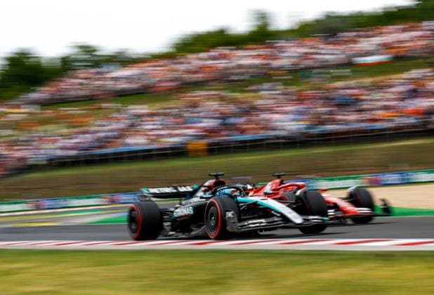 63 George Russell (GBR, Mercedes-AMG Petronas F1 Team), 16 Charles Leclerc (MCO, Scuderia Ferrari HP), F1 Grand Prix of Hungary at Hungaroring on July 20, 2024 in Budapest, Hungary. (Photo by HOCH ZWEI) Budapest Hungary