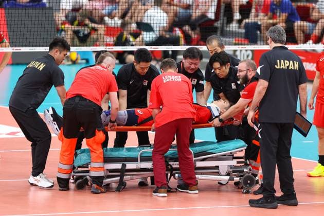 GDANSK 20.07.2024 PRZEDOLIMPIJSKI TURNIEJ TOWARZYSKI SIATKARZY POLSKA - JAPONIA --- PRE-OLYMPIC MENS VOLLEYBALL FRIENDLY TOURNAMENT IN GDANSK: POLAND- JAPAN KENTARO TAKAHASHI KONTUZJA INJURY FOT. ANNA KLEPACZKO FOTOPYK NEWSPIX.PL --- Newspix.pl POLAND OUT!  240720LUM151