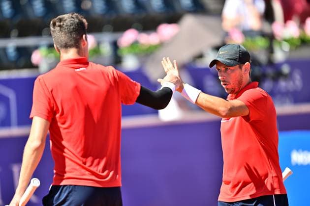 France s Manuel Guinard and Gregoire Jacq during Sunday s men s doubles final against Brazil s Orlando Luz and Rafael Matos in the Nordea Open in Bastad, Sweden on July 21, 2024. BASTAD SWEDEN x9200x
