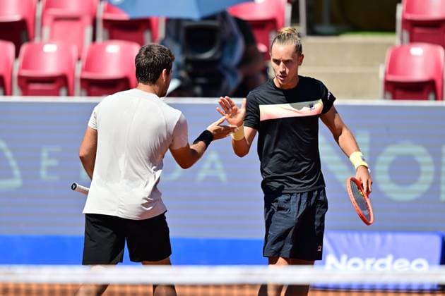 BASTAD, SVERIGE 20240721 Brasiliens Orlando Luz och Rafael Matos under söndagens final i herrarnas dubbel mot Frankrikes Manuel Guinard och Gregoire Jacq i Nordea Open i Bastad. BASTAD SVERIGE x9200x