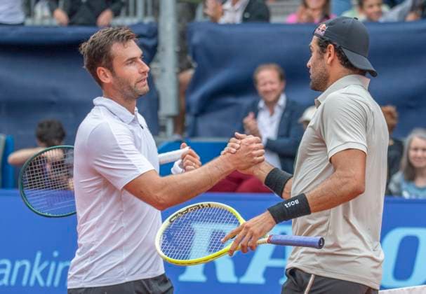 July 21, 2024, Gstaad, Bern, Switzerland: Gstaad Switzerland, 07 21 2024: MATTEO BERRETINI of Italy celebrates his victory with QUENTIN HALYS of France during final of EFG Swiss Open Gstaad ATP, Tennis Herren 250, EFG Swiss Open Gstaad-ATP 250 took place at Roy Emerson Arena in Gstaad, which is located in the famous ski resort of Gstaad and which is located in the Bernese Oberland. MATTEO BERRETTINI won 6-3, 6-1 and wins the tournament Gstaad Switzerland - ZUMAd206 20240721_zip_d206_039 Copyright: xEricxDubostx