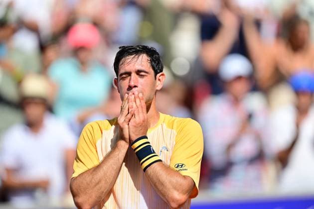 BASTAD 20240721 Portugals Nuno Borges jublar efter vinsten under söndagens final i herrarnas singel mot Spaniens Rafael Nadal i Nordea Open i Bastad. BASTAD SVERIGE x9200x