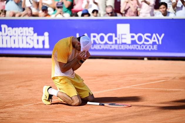 BASTAD 20240721 Portugals Nuno Borges jublar efter vinsten under söndagens final i herrarnas singel mot Spaniens Rafael Nadal i Nordea Open i Bastad. BASTAD SVERIGE x9200x