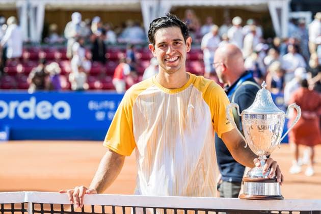 240721 Nuno Borges of Portugal celebrates with the trophy after the men™s single final against Rafael Nadal of Spain during Nordea Open day 7 on July 21, 2024 in Bastad. Photo: Niclas Jönsson BILDBYRAN COP 273 NO0291 tennis svenska öppna swedish open bbeng jubel Copyright: NICLASxJÖNSSON BB240721NO104