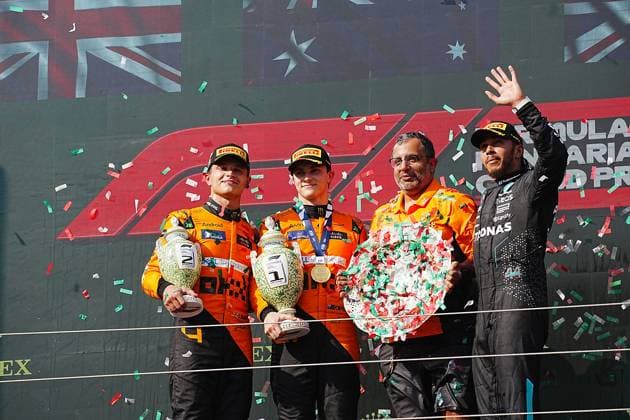 21.07.2024, Hungaroring, Budapest, FORMULA 1 HUNGARIAN GRAND PRIX 2024 , im Bild Sieger Oscar Piastri (AUS), McLaren F1 Team, 2.Platz für Lando Norris (GBR), 3.Platz für Lewis Hamilton (GBR), Mercedes-AMG Petronas Formula One Team Defodi-506_20240721_hbr_7169