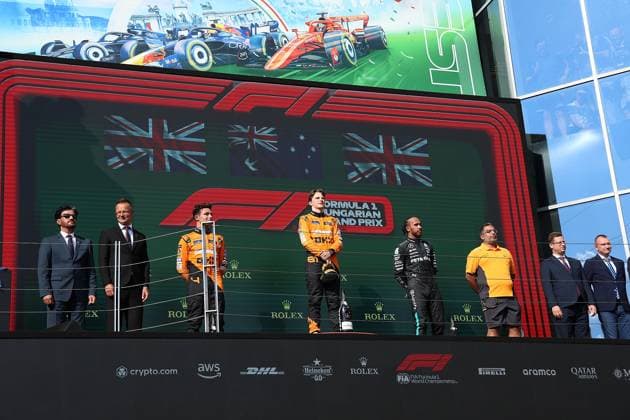 FORMULA 1 HUNGARIAN GRAND PRIX 2024 21.07.2024, Hungaroring, Budapest, FORMULA 1 HUNGARIAN GRAND PRIX 2024 , im Bild Sieger Oscar Piastri (AUS), McLaren F1 Team, 2.Platz für Lando Norris (GBR), 3.Platz für Lewis Hamilton (GBR), Mercedes-AMG Petronas Formula One Team
