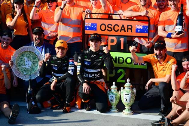 F1 Grand Prix of Hungary Oscar Piastri of McLaren F1 Team and Lando Norris of McLaren F1 Team are celebrating with their team after the race of the Hungarian GP, the 13th race of the Formula 1 World Championship, WM, Weltmeisterschaft in Hungaroring, Mogyorod, Kosice, Hungary, on July 21, 2024. Mogyorod Hungary  Copyright: xAndreaxDiodatox originalFilename:diodato-notitle240721_npsTf.jpg