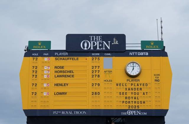 The 18th green leaderboard shows Champion Golfer Xander Schauffele at the top with a score of 9 under par after 72 holes. The British Open Championship, Day Three, Golf, Royal Troon, Troon, UK - 21 July 2024  Copyright: xStuartxWallace Shutterstockx 14588006cl