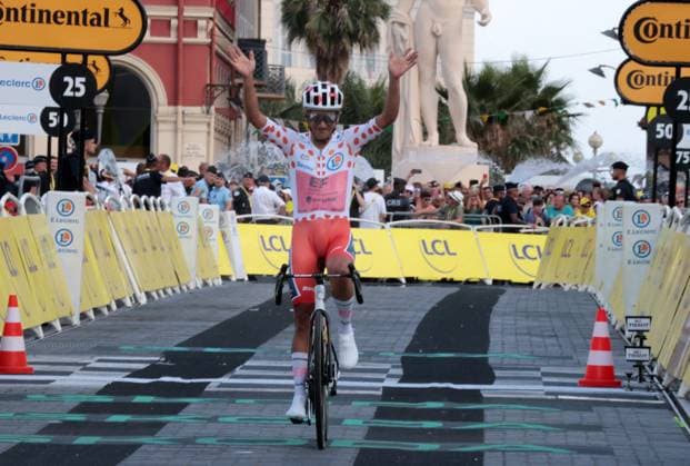 Tour De France - Tadej Pogacar Wins Third Title Slovenian Tadej Pogacar of UAE Team Emirates crosses the finish line to win the 2024 Tour de France cycling race, from Monaco to Nice, in France, on Sunday 21 July 2024. The 111th edition of the Tour de France starts on Saturday 29 June and finish in Nice, France on 21 July. Photo by Patrick Aventurier ABACAPRESS.COM Nice France  Copyright: xAventurierxPatrick ABACAx