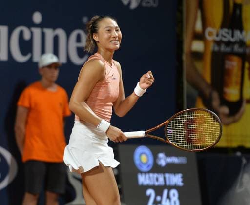 (240722) -- PALERMO, July 22, 2024 -- Zheng Qinwen celebrates after winning the final match between Zheng Qinwen of China and Karolina Muchova of Czech Republic at the 35th Palermo Ladies Open in Palermo, Italy, July 21, 2024. (Photo by Xinhua) (SP)ITALY-PALERMO-TENNIS-PALERMO LADIES OPEN-FINAL AlbertoxLingria 