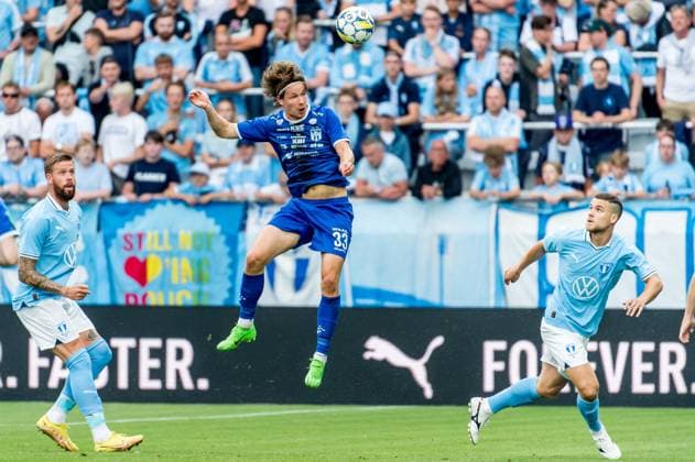 240723 Kristoffer Odemarksbakken of Klaksvik and Gabriel Busanello of Malmö FF during the UEFA Champions League football match between Malmö FF and Klaksvik on July 23, 2024 in Malmö. Photo: Christian Örnberg BILDBYRAN COP 166 CO0443 fotboll, football, soccer, fotball,champions league,malmö ff,kl Copyright: CHRISTIANxÖRNBERG BB240723CO021