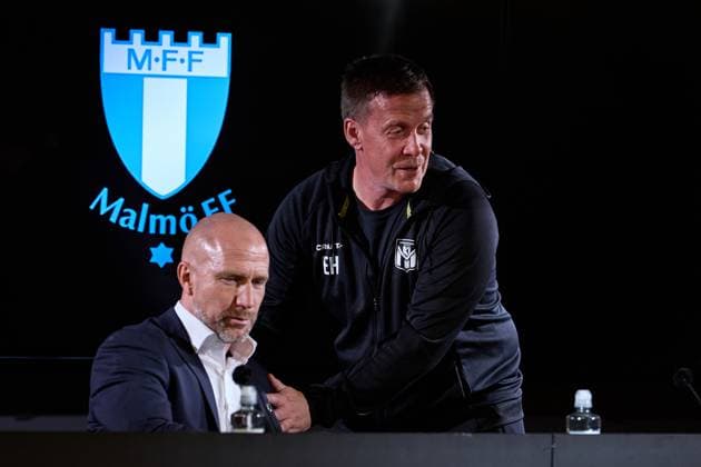 MALMÖ, SVERIGE 20240723 Malmös tränare Henrik Rydström och KÃ Klaksvik tränare Espen Haug vid presskonferensen efter tisdagens Champions League-kval i fotboll mellan Malmö FF och KÃ Klaksvik pa Eleda stadion. MALMÖ SVERIGE Fotboll,KÃ Klaksvik,Malmö FF x11830x Copyright: xAndersxBjurö TTx CL-KVAL MALMÖ-KLAKSVIK