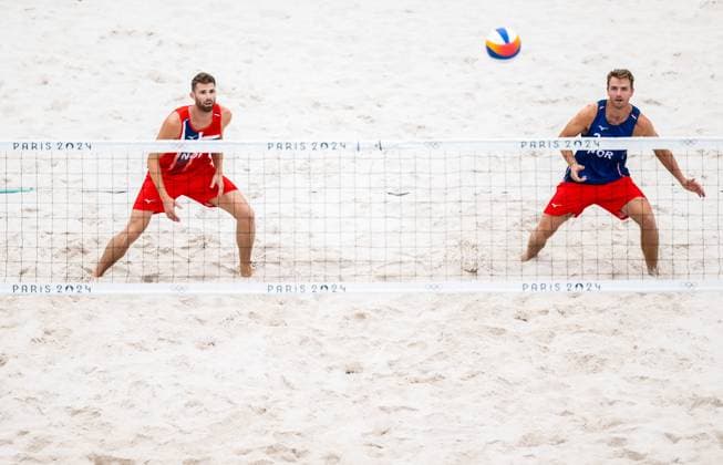 240723 Anders Berntsen Mol and Christian Sandlie Sorum of Norway at a Beach volleyball, Beachvolleyball training during day -3 of the Paris 2024 Olympic Games, Olympische Spiele, Olympia, OS on July 23, 2024 in Paris. Photo: Petter Arvidson BILDBYRAN kod PA PA0839 bbeng olympic games olympics os ol olympiska spel olympiske leker paris 2024 paris-os paris-ol beachvolleyboll beach volleyball sandvolleyball norge norway Copyright: PETTERxARVIDSON BB240723PA145