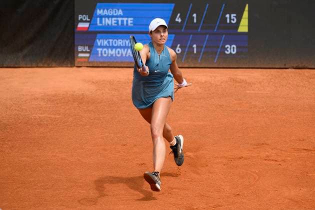 Bulgarian tennis player Viktoriya Tomova (pictured) in action against Magda Linette from Poland during the WTA, Tennis Damen women s tennis tournament Livesport Prague Open 2024, in Prague, Czech Republic, on July 24, 2024. (CTKxPhoto MichalxKamaryt) CTKPhotoP2024072405251  CTKPhotoP2024072405251