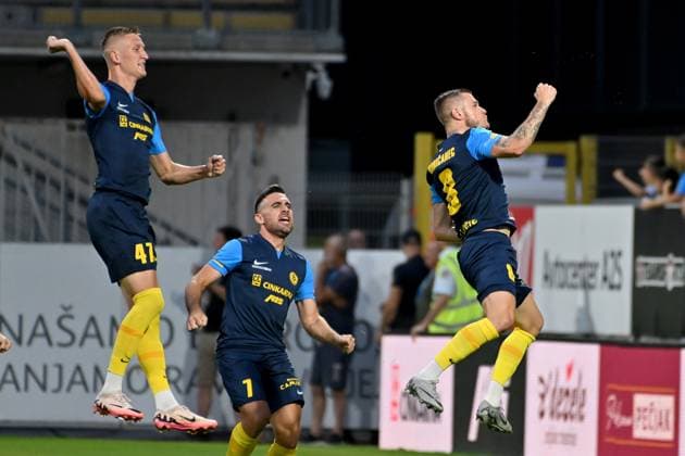 Celje, Slovenia, 24th 2024: Luka Bobicanec of Celje (R) celebrate score during the UEFA Champions League 2nd qualifying round football match between Celje (Slovenia) and Slovan Bratislava (Slovakia) at Stadium Celje, Celje, Slovenia. (Igor Kupljenik SPP) Copyright: xIgorxKupljenikx xSPPx spp-en-IgKuSp-IK0_1372