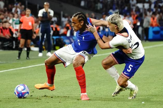 Kiliann Sildillia (France) and John Tolkin (USA), Football , France vs USA during the Olympic Games, Olympische Spiele, Olympia, OS Paris 2024 JO 2024 : FOOTBALL - France vs Etats Unis - Jeux Olympiques 2024 - Paris2024 - Marseille - 24 07 2024 DPPI Panoramic 