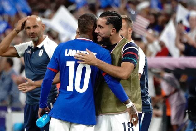 Alexandre Lacazette (France) and Rayan Cherki (France), Football , France vs USA during the Olympic Games, Olympische Spiele, Olympia, OS Paris 2024 JO 2024 : FOOTBALL - France vs Etats Unis - Jeux Olympiques 2024 - Paris2024 - Marseille - 24 07 2024 DPPI Panoramic 