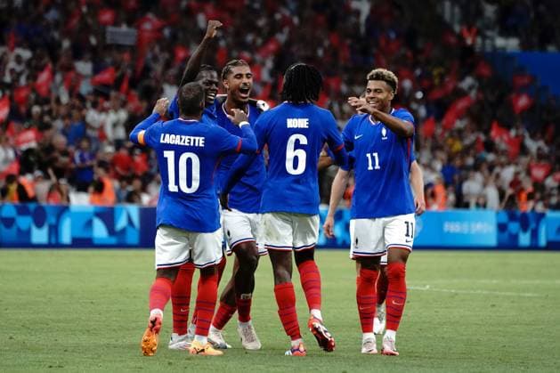 Joie Loïc Badé (France), Désiré Doué (France), Alexandre Lacazette (France), Manu Koné (France) and Castello Lukeba (France), Football , France vs USA during the Olympic Games, Olympische Spiele, Olympia, OS Paris 2024 JO 2024 : FOOTBALL - France vs Etats Unis - Jeux Olympiques 2024 - Paris2024 - Marseille - 24 07 2024 DPPI Panoramic 