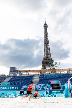 OLYMPICS - Olympic Summer Games 2024 PARIS,FRANCE,24.JUL.24 - OLYMPICS, Beach volleyball, Beachvolleyball - Olympic Summer Games Paris 2024, preview, training. Image shows Alexander Horst and Julian Hoerl (AUT). Keywords: olympic rings, eiffel tower.  GEPAxpictures xMaticxKlansek