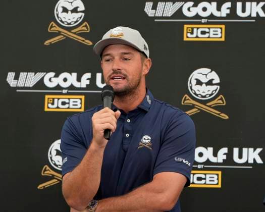 25th July 2024; JCB Golf &amp; Country Club, Rocester, Uttoxeter, England; LIV UK Golf League, Pro-Am Day; Bryson DeChambeau of the Crushers GC speaks to the media before the Pro-Am event  ActionPlus12671565 StevenxFlynn