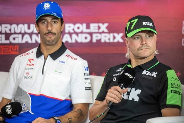 Scuderia AlphaTauri Australian rider Daniel Ricciardo and Alfa Romeo F1 Team Orlen Finnish rider Valtteri Bottas are seen during a press conference, PK, Pressekonferenz ahead of the Grand Prix F1 of Belgium race, in Spa-Francorchamps, Thursday 25 July 2024. The Spa-Francorchamps Formula One Grand Prix takes place this weekend, from July 25th to July 28th. JONASxROOSENS  x97020599x
