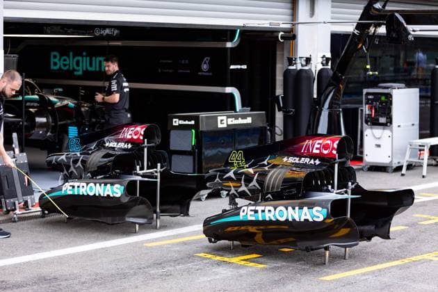 Mercedes AMG F1 Team W15, mechanical detail during the Formula 1 Rolex Belgian Grand Prix 2024, 14th round of the 2024 Formula One World Championship, WM, Weltmeisterschaft from July 26 to 28, 2024 on the Circuit de Spa-Francorchamps, in Stavelot, Belgium - F1 - BELGIAN GRAND PRIX 2024 DPPI Panoramic  240725_R14_BELGIO_DP_JFR63743.CR3_