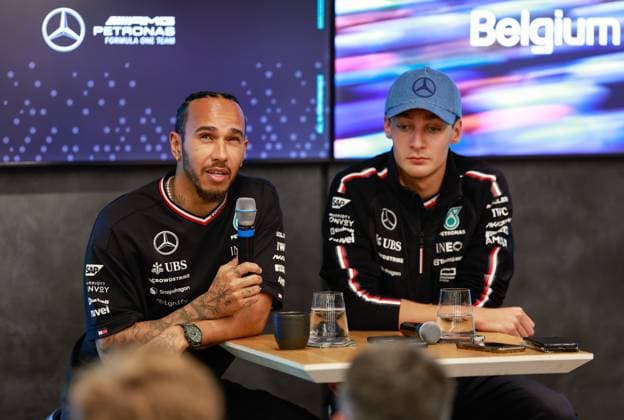 44 Lewis Hamilton (GBR, Mercedes-AMG Petronas F1 Team), 63 George Russell (GBR, Mercedes-AMG Petronas F1 Team), F1 Grand Prix of Belgium at Circuit de Spa-Francorchamps on July 25, 2024 in Spa-Francorchamps, Belgium. (Photo by HOCH ZWEI) Spa-Francorchamps Belgium