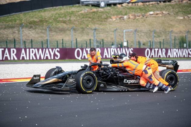 A stunt driver crashes a camera car during filming activities during the preparations for the Grand Prix F1 of Belgium race, in Spa-Francorchamps, Thursday 25 July 2024. The Spa-Francorchamps Formula One Grand Prix takes place this weekend, from July 25th to July 28th. JONASxROOSENS  x97028432x