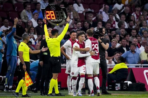 AMSTERDAM , 25-07-2024,JohanCruijff ArenA , Season 2024-2025. UEFA Europa League Second qualifying round Football between Ajax and Vojvodina, Ajax player Mika Godts, Ajax player Christian Rasmussen, player substitution Ajax - Vojvodina  x25835299x Copyright: