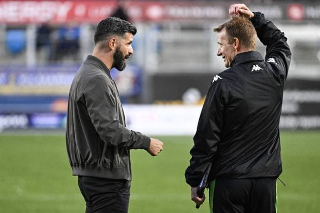 Cercle s head coach Miron Muslic and Cercle s assistant coach Jimmy De Wulf pictured after a soccer game between Scottish Kilmarnock F.C. and Belgian Cercle Brugge in Kilmarnock, Scotland on Thursday 25 July 2024, the first leg of the second qualifying round for the UEFA Europa League competition. TOM GOYVAERTS TomxGoyvaerts  x97045175x