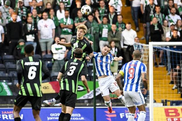 Cercle s Jesper Daland and Kilmarnock s Bruce Anderson fight for the ball during a soccer game between Scottish Kilmarnock F.C. and Belgian Cercle Brugge in Kilmarnock, Scotland on Thursday 25 July 2024, the first leg of the second qualifying round for the UEFA Europa League competition. TOM GOYVAERTS TomxGoyvaerts  x97045195x