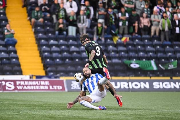 Kilmarnock s Kyle Vassell and Cercle s Edgaras Utkus pictured in action during a soccer game between Scottish Kilmarnock F.C. and Belgian Cercle Brugge in Kilmarnock, Scotland on Thursday 25 July 2024, the first leg of the second qualifying round for the UEFA Europa League competition. TOM GOYVAERTS TomxGoyvaerts  x97045394x