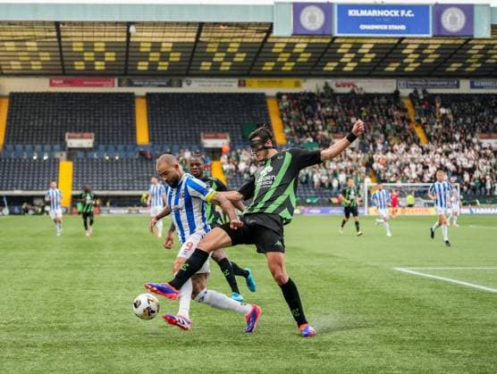 Kyle Vassell of Kilmarnock & Edgaras Utkus of Cercle Brugge. Kilmarnock v Cercle Brugge, UEFA Europa League, 2nd Qualifying Round, Football, The BBSP Stadium Rugby Park, Kilmarnock, UK, 25 Jul 2024 EDITORIAL USE ONLY No use with unauthorised audio, video, data, fixture lists, club league logos or live services. Online in-match use limited to 120 images, no video emulation. No use in betting, games or single club league player publications.  Copyright: xStuartxWallace Shutterstockx 14602352cm