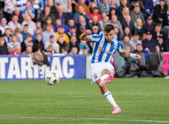 Matty Kennedy of Kilmarnock shoots a direct free-kick. Kilmarnock v Cercle Brugge, UEFA Europa League, 2nd Qualifying Round, Football, The BBSP Stadium Rugby Park, Kilmarnock, UK, 25 Jul 2024 EDITORIAL USE ONLY No use with unauthorised audio, video, data, fixture lists, club league logos or live services. Online in-match use limited to 120 images, no video emulation. No use in betting, games or single club league player publications.  Copyright: xStuartxWallace Shutterstockx 14602352cq