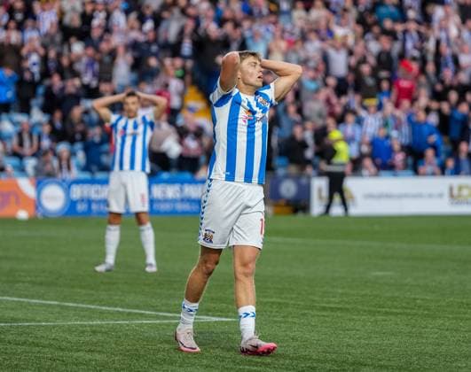 Fraser Murray of Kilmarnock reacts after a shot at goal was saved by Cercle Brugge goalkeeper Warleson. Kilmarnock v Cercle Brugge, UEFA Europa League, 2nd Qualifying Round, Football, The BBSP Stadium Rugby Park, Kilmarnock, UK, 25 Jul 2024 EDITORIAL USE ONLY No use with unauthorised audio, video, data, fixture lists, club league logos or live services. Online in-match use limited to 120 images, no video emulation. No use in betting, games or single club league player publications.  Copyright: xStuartxWallace Shutterstockx 14602352ct