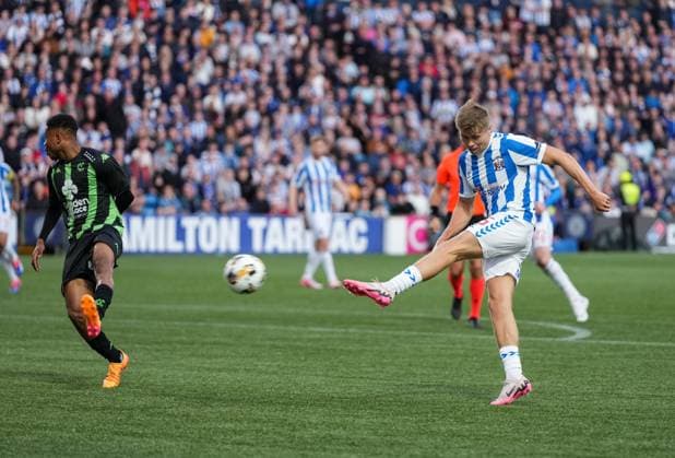 Fraser Murray of Kilmarnock fires a shot a goal late in the game. Murray s effort was saved by a brilliant stop from Cercle Brugge goalkeeper Warleson. Kilmarnock v Cercle Brugge, UEFA Europa League, 2nd Qualifying Round, Football, The BBSP Stadium Rugby Park, Kilmarnock, UK, 25 Jul 2024 EDITORIAL USE ONLY No use with unauthorised audio, video, data, fixture lists, club league logos or live services. Online in-match use limited to 120 images, no video emulation. No use in betting, games or single club league player publications.  Copyright: xStuartxWallace Shutterstockx 14602352cs