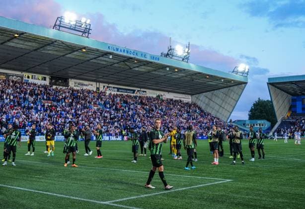 Cercle Brugge captain Thibo Somers leads his team mates as they applaud the Brugge fans after the final whistle. Full-time score Kilmarnock 1 Cercle Brugge 1. Kilmarnock v Cercle Brugge, UEFA Europa League, 2nd Qualifying Round, Football, The BBSP Stadium Rugby Park, Kilmarnock, UK, 25 Jul 2024 EDITORIAL USE ONLY No use with unauthorised audio, video, data, fixture lists, club league logos or live services. Online in-match use limited to 120 images, no video emulation. No use in betting, games or single club league player publications.  Copyright: xStuartxWallace Shutterstockx 14602352de