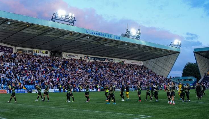 Cercle Brugge captain Thibo Somers leads his team mates as they applaud the Brugge fans after the final whistle. Full-time score Kilmarnock 1 Cercle Brugge 1. Kilmarnock v Cercle Brugge, UEFA Europa League, 2nd Qualifying Round, Football, The BBSP Stadium Rugby Park, Kilmarnock, UK, 25 Jul 2024 EDITORIAL USE ONLY No use with unauthorised audio, video, data, fixture lists, club league logos or live services. Online in-match use limited to 120 images, no video emulation. No use in betting, games or single club league player publications.  Copyright: xStuartxWallace Shutterstockx 14602352db