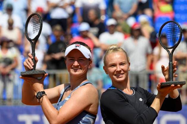 From left Czech players Barbora Krejcikova and Katerina Siniakova with the trophies for the winners of the tournament after the doubles final match of the WTA, Tennis Damen women s tennis tournament Livesport Prague Open 2024 in Prague, Czech Republic, July 26, 2024. (CTKxPhoto MichalxKamaryt) CTKPhotoP2024072603249  CTKPhotoP2024072603249