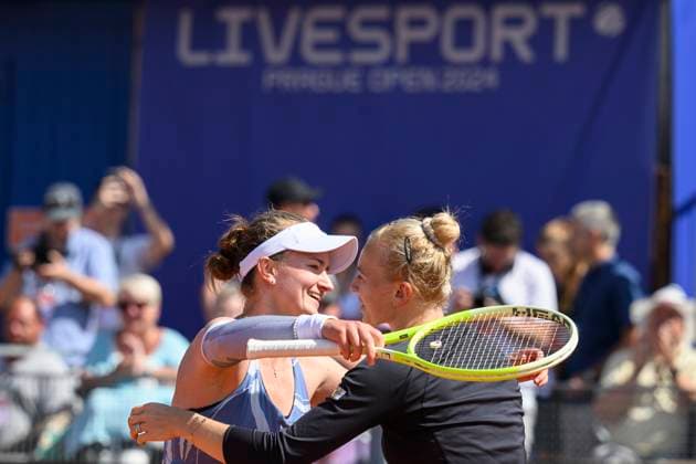 From left Czech players Barbora Krejcikova and Katerina Siniakova celebrate their victory after the doubles final match of the WTA, Tennis Damen women s tennis tournament Livesport Prague Open 2024 in Prague, Czech Republic, July 26, 2024. (CTKxPhoto MichalxKamaryt) CTKPhotoP2024072603286  CTKPhotoP2024072603286