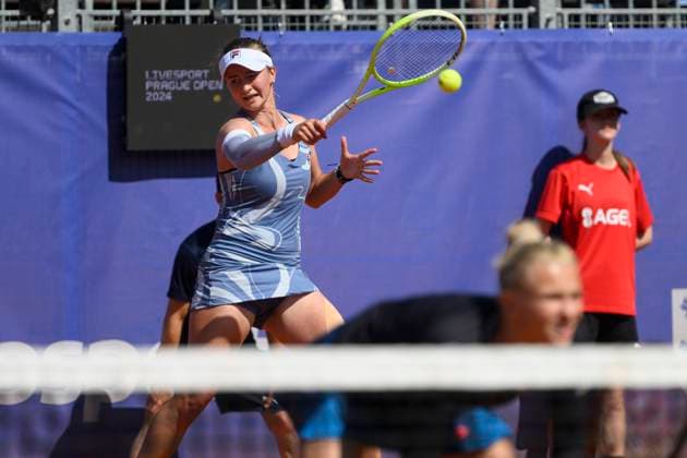 From left Czech players Barbora Krejcikova and Katerina Siniakova in action during doubles final match against Lucie Safarova of Czech Republic and Bethanie Mattek-Sands of USA witthin the WTA, Tennis Damen women s tennis tournament Livesport Prague Open 2024 in Prague, Czech Republic, July 26, 2024. (CTKxPhoto MichalxKamaryt) CTKPhotoP2024072603424  CTKPhotoP2024072603424